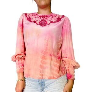 1980s Ombre Pink Orange Blouse Reworked Edwardian Lace Collar Princess Cuffs